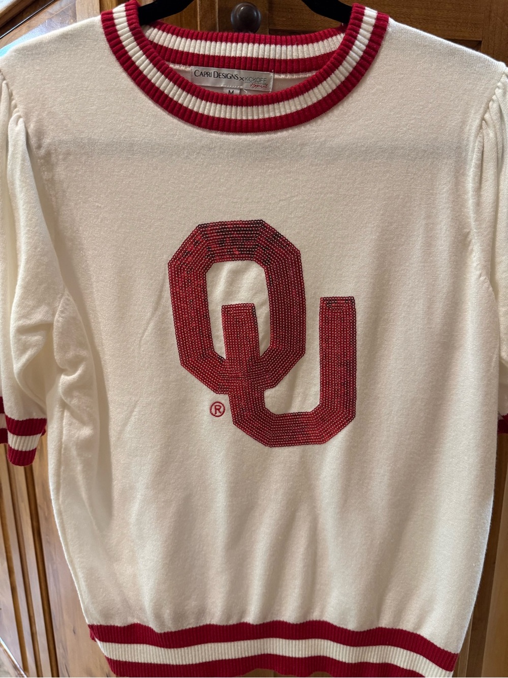 Carve Designs White Crewneck Sweater with Red OU Embellishment